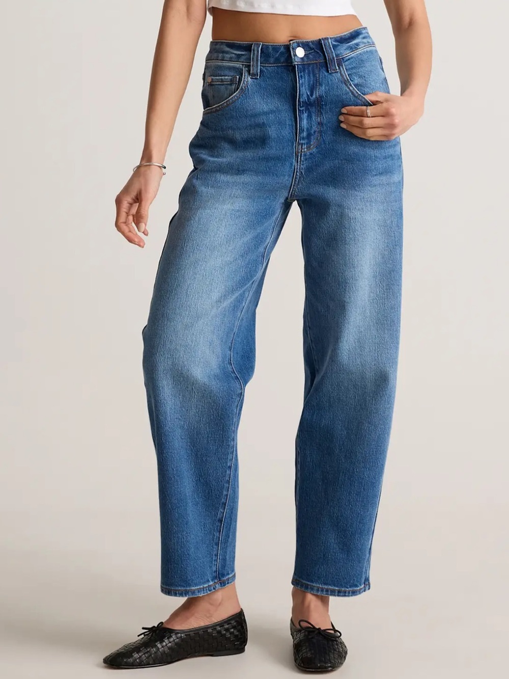 Quince bella stretch blue barrel jeans